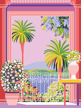 Mediterranean style house interior with vases of flowers, balcony, palm trees, sea and seacoast in the background. Handmade drawing vector illustration. Flat design. Vintage Fauvism Poster.