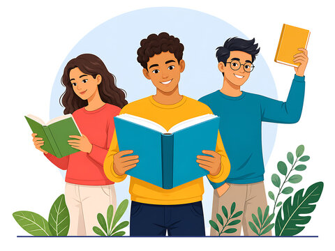 Group of Young Students Reading Books Together Education Illustration Isolated on Transparent Background