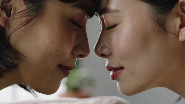 Leaning couple in light tops on beige sofa, right lowering chin, touching foreheads, seeking warmth