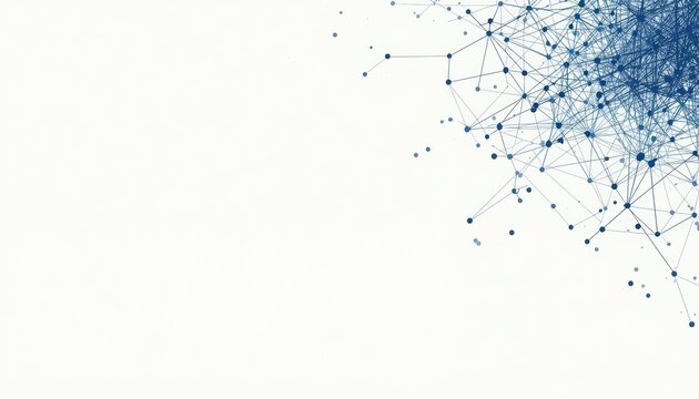 Abstract blue particle network spreading from the corner on a clean white background with network connection connecting lines data technology blue design particle cluster digital network