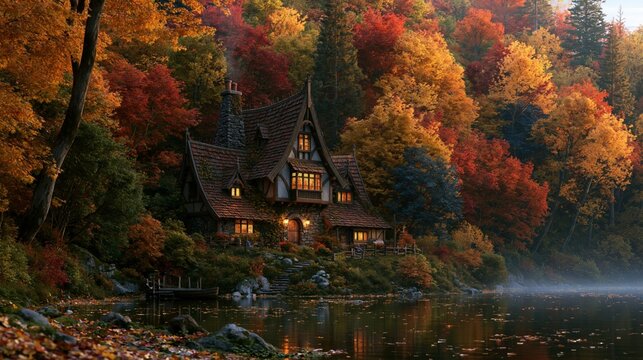 a serene autumnal landscape features a quaint, traditionalstyle house nestled among a dense forest. The house has a steeply pitched roof, a chimney, and multiple windows, each illuminated by warm.