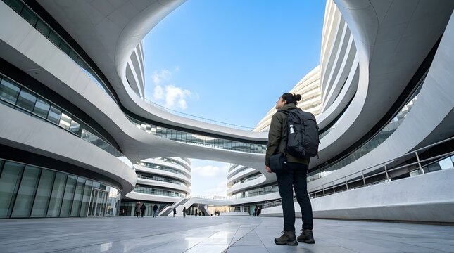 Tourist with backpack looking up at futuristic white curved architecture and blue sky