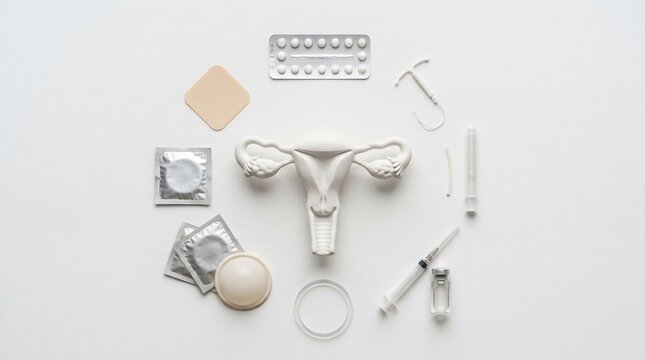 Contraceptive options and birth control devices displayed with an anatomical uterus model on a clean flat surface.