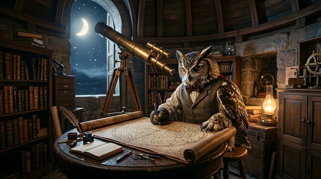 Wise owl scientist working at a vintage desk with a telescope in a library