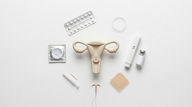 Anatomical uterus model surrounded by various birth control methods and medical contraceptives arranged neatly on a white surface.