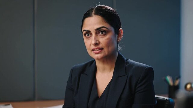 Leaning woman in dark blazer emphasizing and responding to interviewer in office with papers laptop