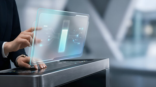 Businessman in dark suit interacting with transparent holographic tablet displaying digital data visualization and futuristic interface