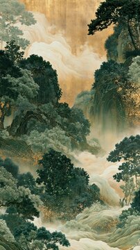 a serene forest scene. The style resembles traditional Japanese art, characterized by intricate brushstrokes and a rich color palette of greens, golds, and browns.