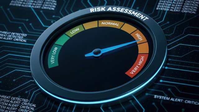 A high risk assessment gauge pointing to the high warning zone on a digital dashboard. Danger indicator concept for enterprise cybersecurity and threat detection.