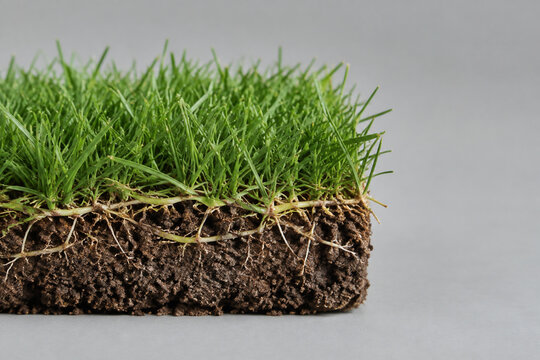 Fresh grass sod block with stolon network, lawn care and landscaping concept