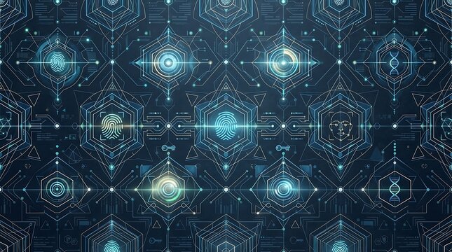 Abstract futuristic digital interface with glowing geometric patterns and connection lines.