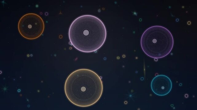 Vibrant glowing abstract cells merge, divide and gracefully float across a dark background in a loopable animation