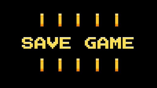 Pixelated Retro Video Game 'Save Game' Screen with Golden Coins on a Black Background