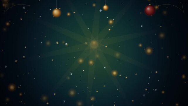 Dark teal holiday background featuring hanging golden ornaments and falling snow crystals for winter season greeting video or festive celebration project intro