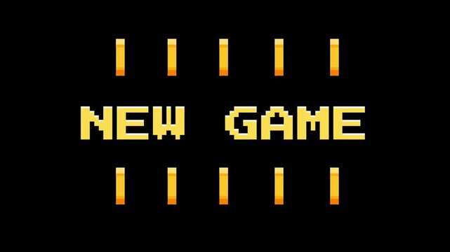 Classic retro arcade game start screen with a pixelated 'NEW GAME' text and golden coin icons on a black background, evoking nostalgia for vintage video games
