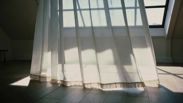 Drifting sheer curtain billowing from skylight draft at loft, casting sun patches on floor and grid