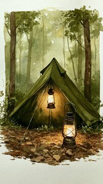 a serene forest scene. A large, green tent is the main subject, illuminated by two lanterns on either side. The tent is set up on a patch of fallen leaves, surrounded by tall trees with dense foliage.