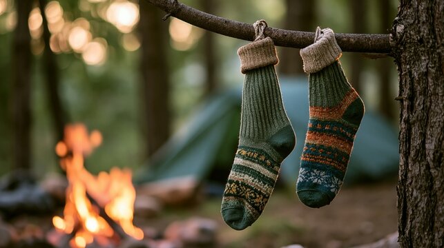 a pair of knitted socks hanging from a tree branch. The socks are green with orange and white stripes and have a textured pattern.