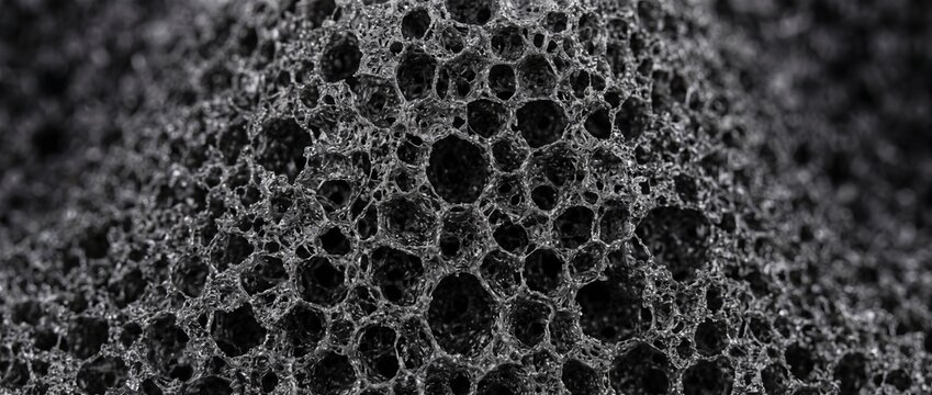 Porous acoustic foam texture in extreme close-up. Macro detail of dark sound absorbing cell structure. Open cell material for filtration and noise insulation