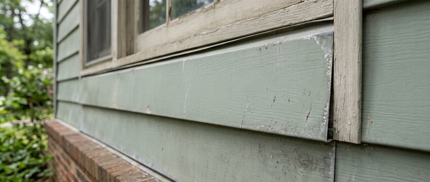 Weathered green aluminum siding panels on residential house exterior. Aging metal wall cladding near wooden window frame and brick base. Exterior home maintenance theme