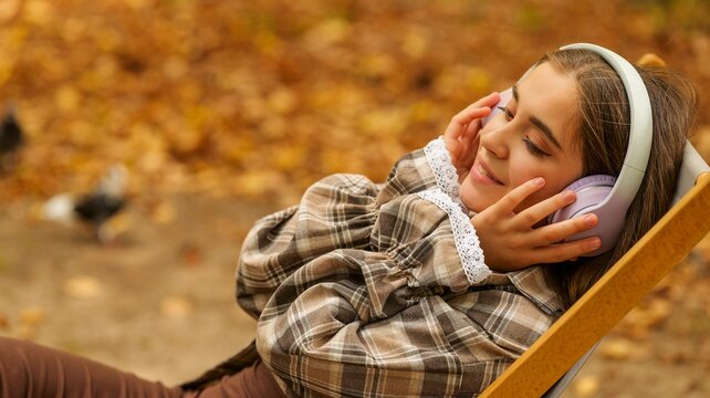 Young woman enjoying music with headphones in a park during autumn
