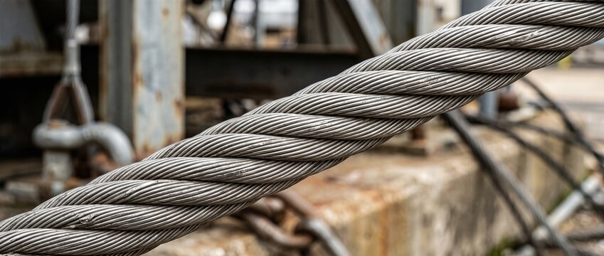 Braided steel cable close up in industrial environment. Heavy duty twisted wire rope for rigging and construction. Metal cable texture background