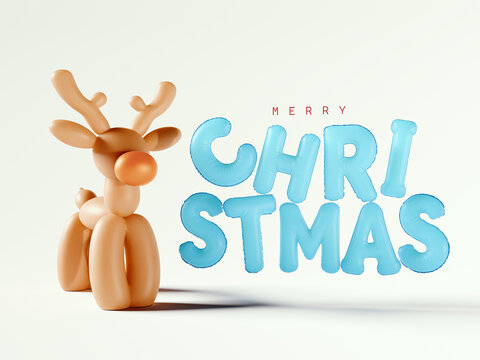 Reindeer with blue Merry Christmas text on white background. Creative Christmas greeting card design. 3D Rendering, 3D Illustration