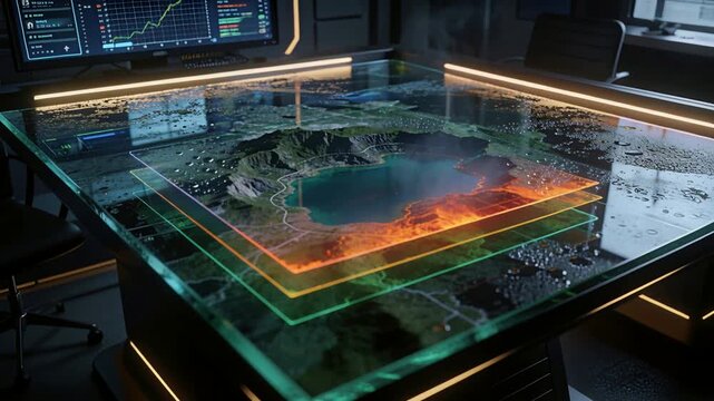 Animating glass table map pulsing layers showing heat in ops room, orange plane causing plume rise