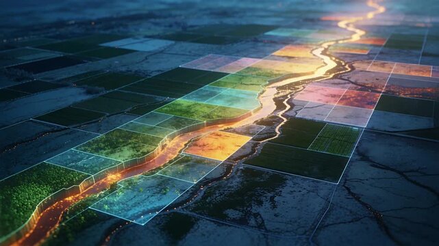 Tracking by camera glowing river flowing, sparks tracing plots and lighting borders, showing flow