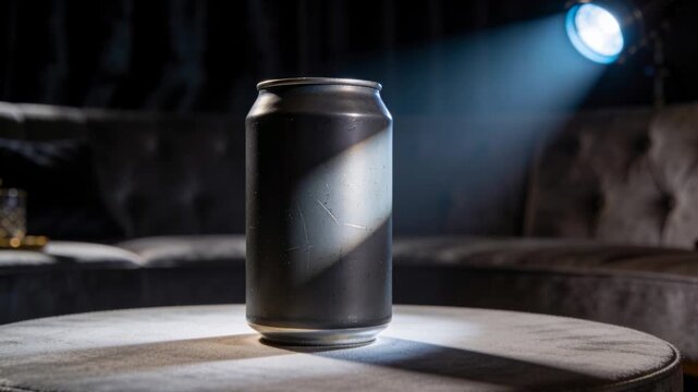 Shifting spotlight casting diagonal band across matte dark can on ottoman showcasing, glass tumbler