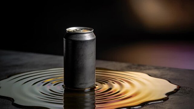 Radiating no-label aluminum can sending concentric waves from base on studio table with oily puddle
