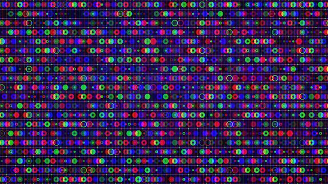 Vibrant red green and blue circles pulse across an RGB digital grid glitch in this seamless looping background