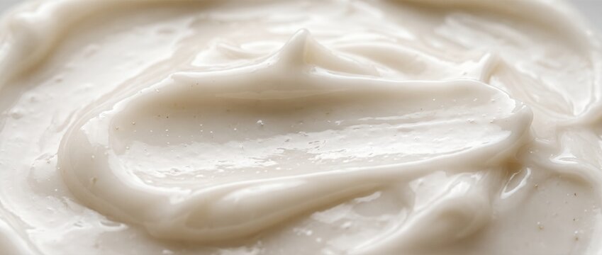 Creamy white hair conditioner texture. Close up of smooth cosmetic cream with glossy swirls for beauty skincare background