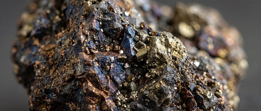 Raw copper ore mineral close up texture. Crystalline metallic chalcopyrite rock with iridescent blue and golden facets