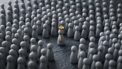 Obraz premium Leadership concept with crowned figure standing out from crowd of grey pawns