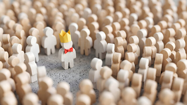 One exceptional leader wearing a crown stands out from the undifferentiated crowd, illustrating individuality and success