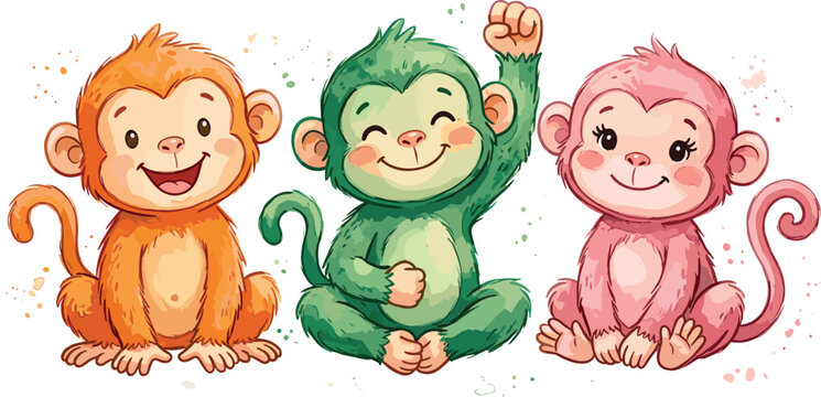 Cute cartoon baby monkey trio vector illustration featuring a row of happy sitting orange green and pink chimp characters with long curled tails isolated on white background