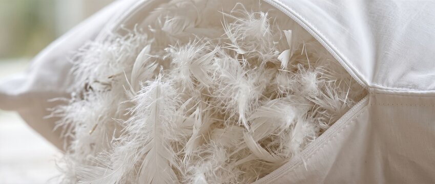 White pillow unzipped showing soft down feather filling. Open cushion bed bedding material macro concept