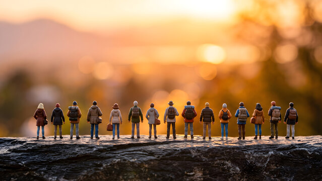 Group of miniature travelers standing together for a shared perspective at golden sunset