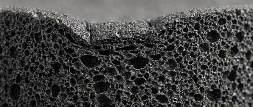 Macro texture of black porous EVA foam material with irregular open cells. Dark industrial sponge rubber surface close-up