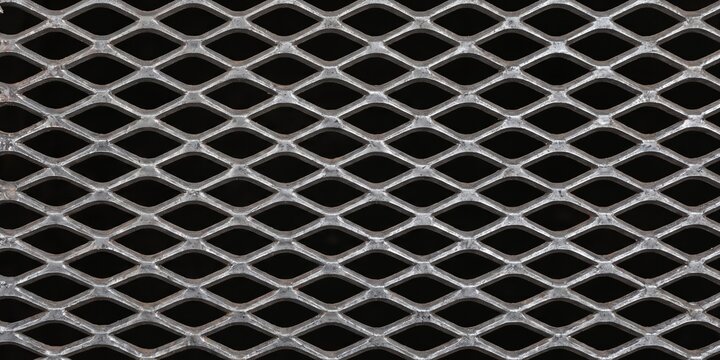 Expanded metal mesh pattern with silver diamond shape openings. Industrial steel grate texture background on dark backdrop