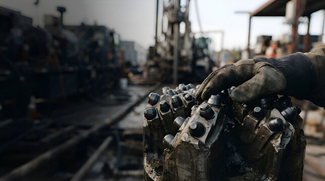 Worker hand in glove holding drill bit at oil rig site