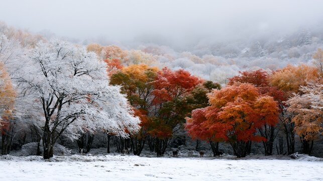 a serene scene of a snowy forest. The main subject is a dense forest of trees covered in a thick layer of snow, their leaves a mix of orange, red, and yellow hues.