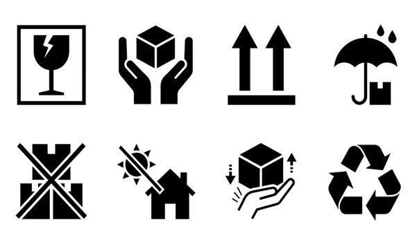 Packaging symbol and cargo delivery handling icons vector set