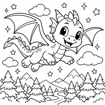 Cute little baby dragon flying over mountains for a fun kids coloring page activity