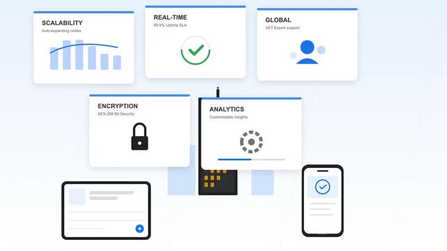 Cloud SaaS Dashboard Animation showing Data Analytics Security and Scalability