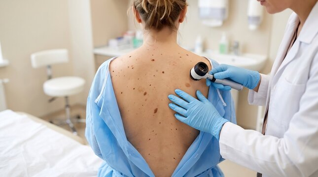 Dermatologist examining a patient skin moles with a dermatoscope in a modern bright medical clinic.