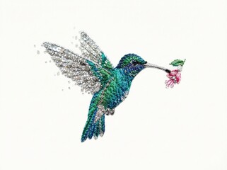 Fototapeta premium Hummingbird in flight with iridescent teal and blue plumage holding pink flower, dissolving into particles on white background