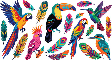Fototapeta premium Colorful Tropical Birds Vector Set with Ara Parrot Macaw Toucan Hummingbird Cockatoo and Exotic Feathers for Summer Print and Wildlife Decor Designs