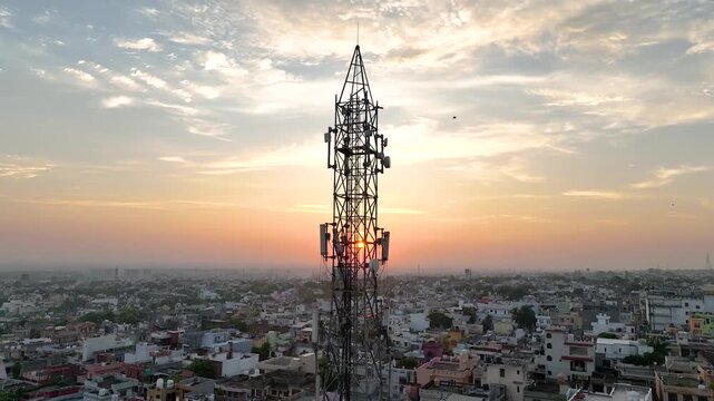 4K establishing aerial shot of digital telecommunications infrastructure driving India growth and connectivity.